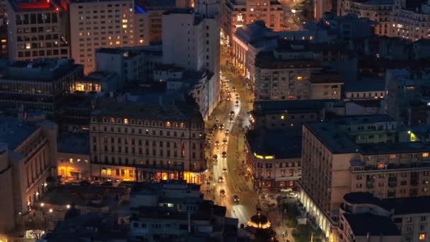 Aerial Drone View Illuminated Bucharest City Evening Moving Traffic Blue — Stock Video
