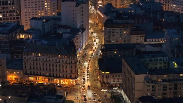 Aerial Drone View Illuminated Bucharest City Evening Moving Traffic Blue — Stock Video