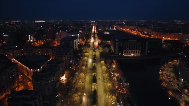Aerial Drone View Illuminated Cityscape Night Moving Traffic Road Bucharest — Stock Video