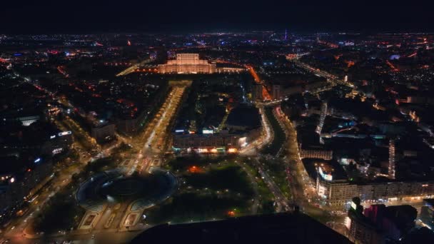 Vista Aérea Del Palacio Del Parlamento Iluminado Centro Ciudad Por — Vídeos de Stock