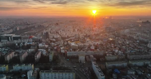Aerial Drone View Bucharest City Sunset Moving Traffic Romania — Stock Video