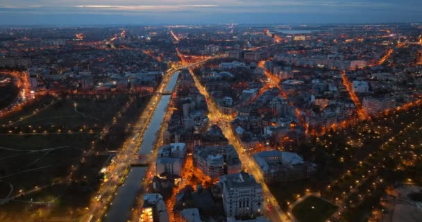 Aerial Drone View Illuminated City Evening Moving Traffic Blue Hour — Stock Video