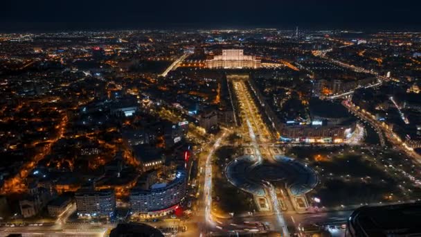 Aerial Hyperlapse Timelapse Drone View Illuminated Palace Parliament City Downtown — Stock Video