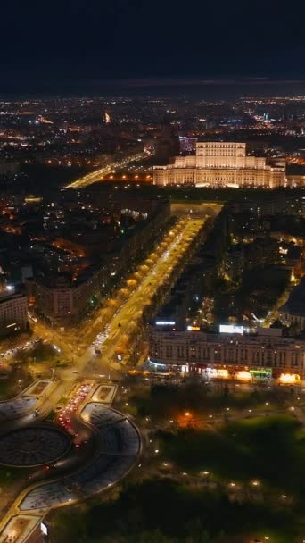 Verticale Antenne Drone Uitzicht Verlichte Paleis Van Het Parlement Stad — Stockvideo