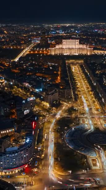 Vertikální Vzdušný Hyperprostorový Časoprostorový Pohled Osvětlený Palác Parlamentu Centru Města — Stock video