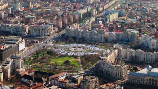 Bukarest Rumänien Mars 2024 Flygdrönare Utsikt Över Staden Solljus Roundabout — Stockvideo