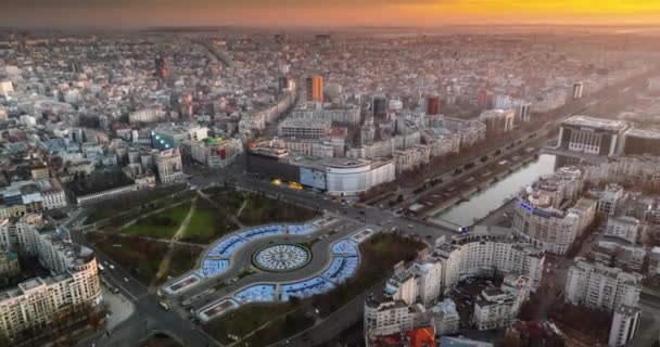 Bucharest Romania March 2024 Aerial Drone View City Downtown Sunset — Stock Video