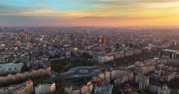 Bucharest Romania March 2024 Aerial Drone View City Downtown Sunset — Stock Video