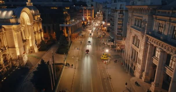 Bukurešť Rumunsko 2024 Letecký Bezpilotní Pohled Osvětlenou Silnici Pohyblivou Dopravou — Stock video