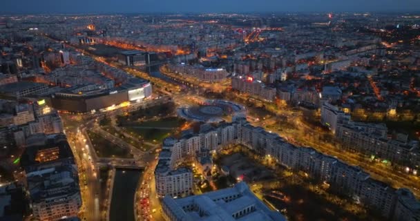 Bucharest Romania March 2024 Aerial Drone View Illuminated City Downtown — Stock Video