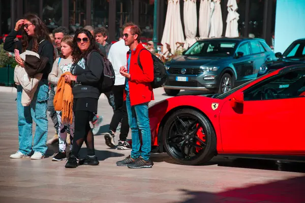 Monte Carlo Monaco March 2024 Red Ferrari Street People Standing Royalty Free Stock Images