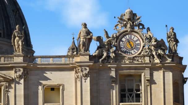 Close One Two Clocks Atop Saint Peter Basilica Facade Vatican — Stock Video
