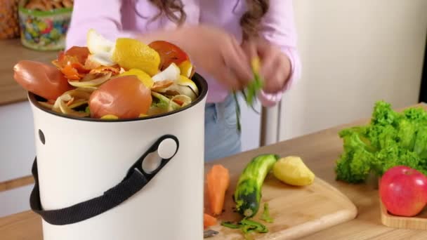 Woman Recycling Organic Waste Composting Vegetables Peels Bokashi Kitchen — Stock Video