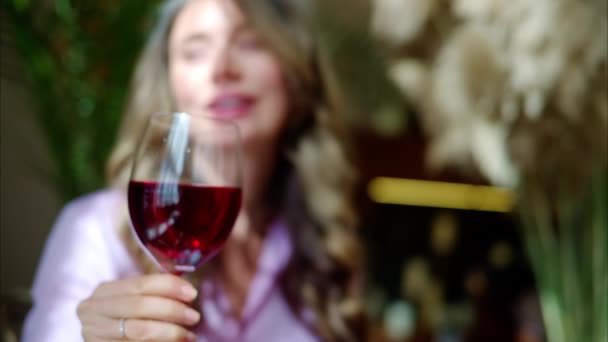 Close Woman Savouring Glass Red Wine Daylight Stock Video