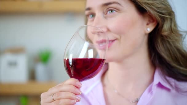Woman Enjoying Glass Red Wine Kitchen Video Clip
