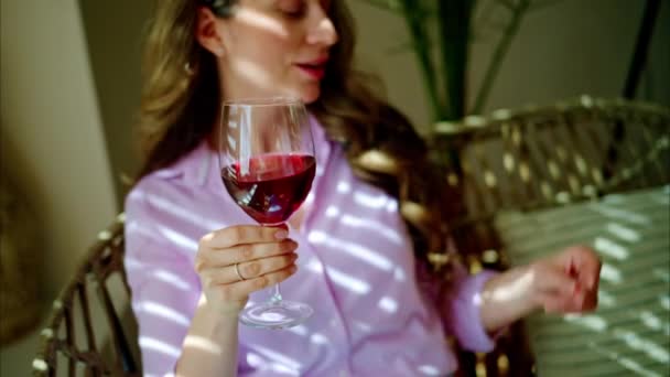 Woman Enjoying Glass Red Wine Dancing Daylight Royalty Free Stock Footage