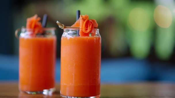 Two Glasses Carrot Juice Table Restaurant — Stock Video