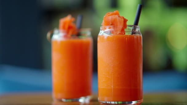 Two Glasses Carrot Juice Table Restaurant — Stock Video