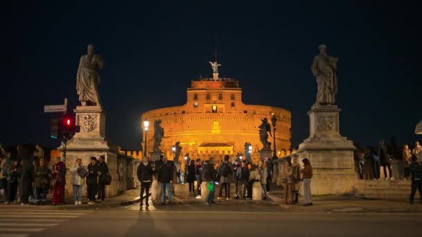 Rome Italy February 2024 Front View Castel Sant Angelo Illuminated — стоковое видео
