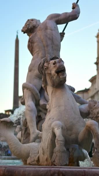 Rome Italy February 2024 Fountain Neptune Navona Square Daylight Vertical — Stock Video