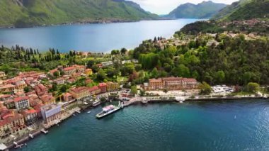İtalya 'daki Como Gölü yakınlarındaki Bellagio köyünün havadan görüntüsü.