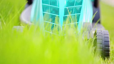 Çimleri biçen turkuaz çim biçme makinesini kapatın.