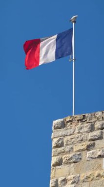 Arka planda mavi gökyüzü dalgalanan Fransa bayrağı. Dikey