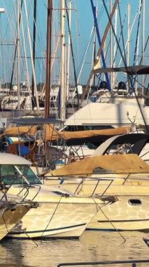 Fransa 'daki Port de Cannes limanına beyaz tekneler yanaştı. Dikey