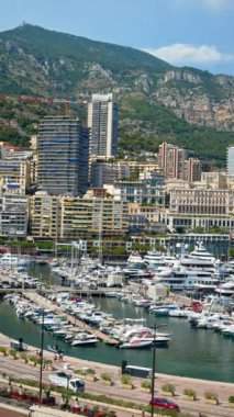 Arka planda şehrin silueti olan Monaco Marina 'daki teknelerin görüntüsü. Dikey