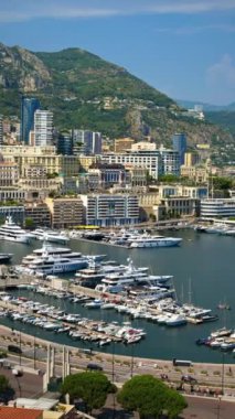 Arka planda şehrin silueti olan Monaco Marina 'daki teknelerin görüntüsü. Dikey