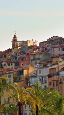 Arka planda Menton, Fransa 'daki renkli binaların olduğu palmiye ağaçlarının görüntüsü. Dikey