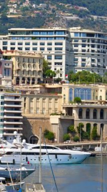 Arka planda şehrin silueti olan Monaco Marina 'daki teknelerin görüntüsü. Dikey