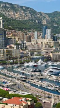 Arka planda şehrin silueti olan Monaco Marina 'daki teknelerin görüntüsü. Dikey