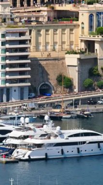 Arka planda şehrin silueti olan Monaco Marina 'daki teknelerin görüntüsü. Dikey