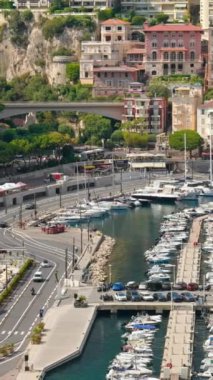 Arka planda şehrin silueti olan Monaco Marina 'daki teknelerin görüntüsü. Dikey