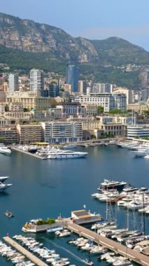 Arka planda şehrin silueti olan Monaco Marina 'daki teknelerin görüntüsü. Dikey