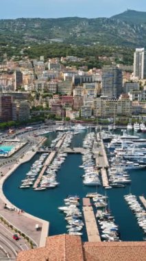 Arka planda şehrin silueti olan Monaco Marina 'daki teknelerin görüntüsü. Dikey