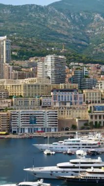 Arka planda şehrin silueti olan Monaco Marina 'daki teknelerin görüntüsü. Dikey