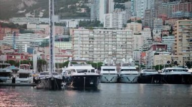 Monaco Marina 'ya kenetlenmiş teknelerin görüntüsü ve arka planda şehrin silüeti.