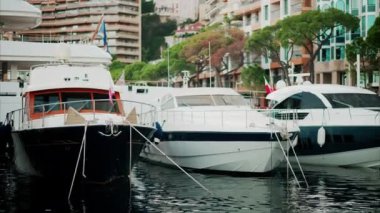 Monaco Marina 'ya kenetlenmiş teknelerin görüntüsü ve arka planda şehrin silüeti.