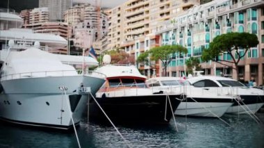 Monaco Marina 'ya kenetlenmiş teknelerin görüntüsü ve arka planda şehrin silüeti.