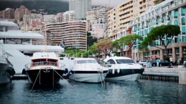 Monaco Marina 'ya kenetlenmiş teknelerin görüntüsü ve arka planda şehrin silüeti.