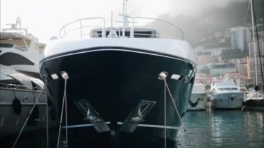 Monaco Marina 'ya kenetlenmiş teknelerin görüntüsü ve arka planda şehrin silüeti.