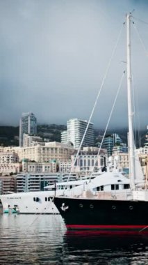 Monaco Marina 'ya kenetlenmiş teknelerin görüntüsü ve arka planda şehrin silüeti.