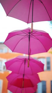 Grasse, Fransa 'daki eski kasabanın caddelerinin üzerinde pembe şemsiye sıraları. Dikey