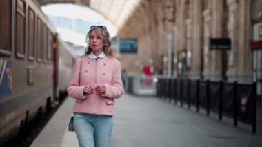 Pembe ceketli bir kadın Fransa 'daki Nice tren istasyonunda yürüyor.