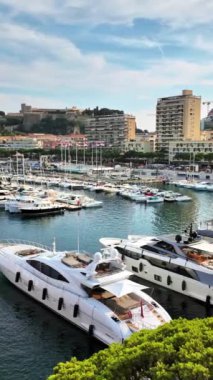 Monaco Marina 'ya yanaşan teknelerin havadan görüntüsü. Dikey