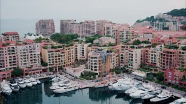 Monaco Marina 'ya kenetlenmiş teknelerin görüntüsü ve arka planda şehrin silüeti.