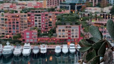 Port de Fontvieille 'e yanaşan teknelerin görüntüsü ve arka planda Monako' nun silüeti var.