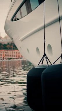 Monaco Marina 'ya yanaşmış arka planda binalar olan teknelerin yakın görüntüsü. Dikey